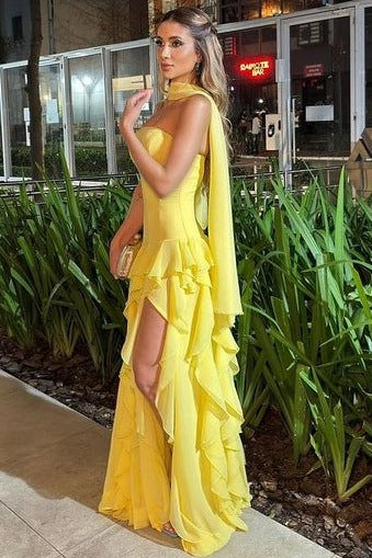 Yellow Strapless A-Line Empire-Waist Ruffles Long Prom Dress