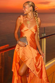 Orange A-Line V-Neck Satin Ruffles Sleeveless Long Prom Dress