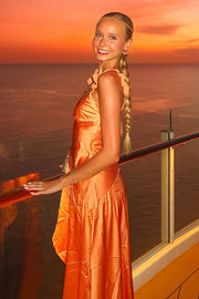 Orange A-Line V-Neck Satin Ruffles Sleeveless Long Prom Dress