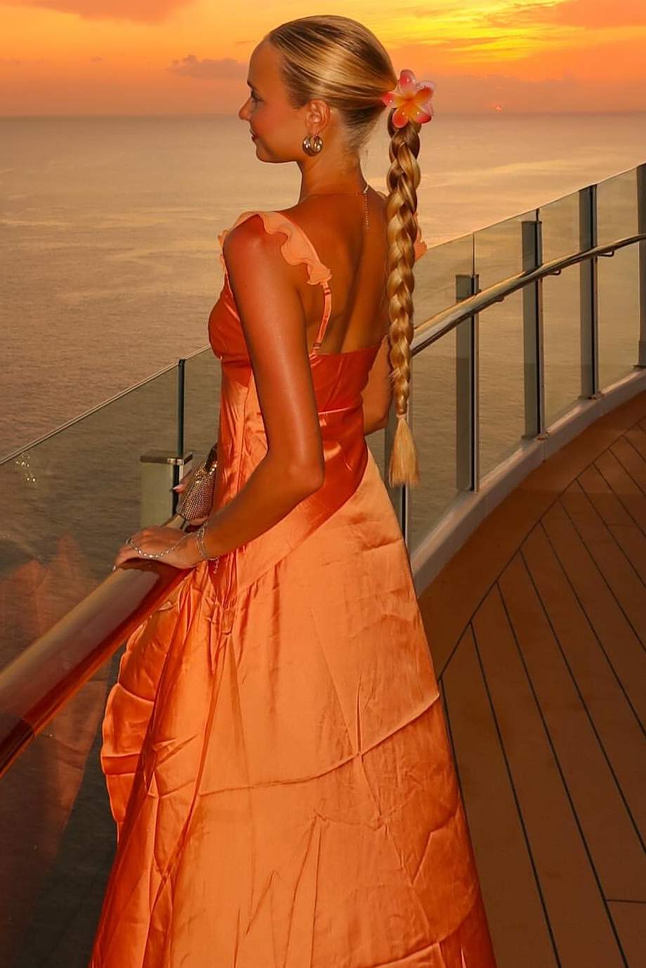 Orange A-Line V-Neck Satin Ruffles Sleeveless Long Prom Dress