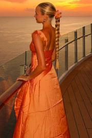 Orange A-Line V-Neck Satin Ruffles Sleeveless Long Prom Dress