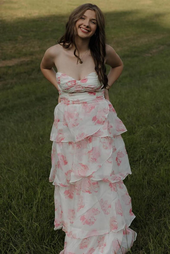 Cute Pink Sweetheart A-Line  Print Layered Sleeveless Prom Dress