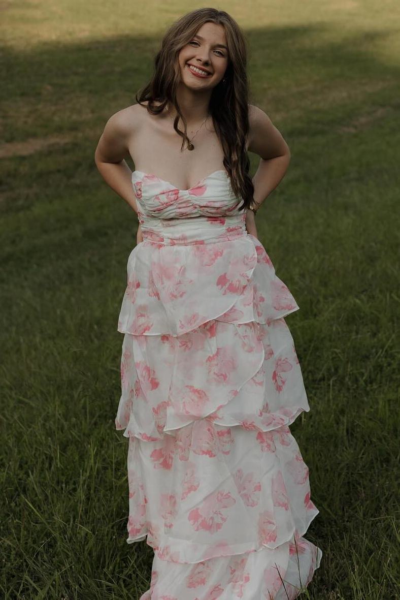 Cute Pink Sweetheart A-Line  Print Layered Sleeveless Prom Dress