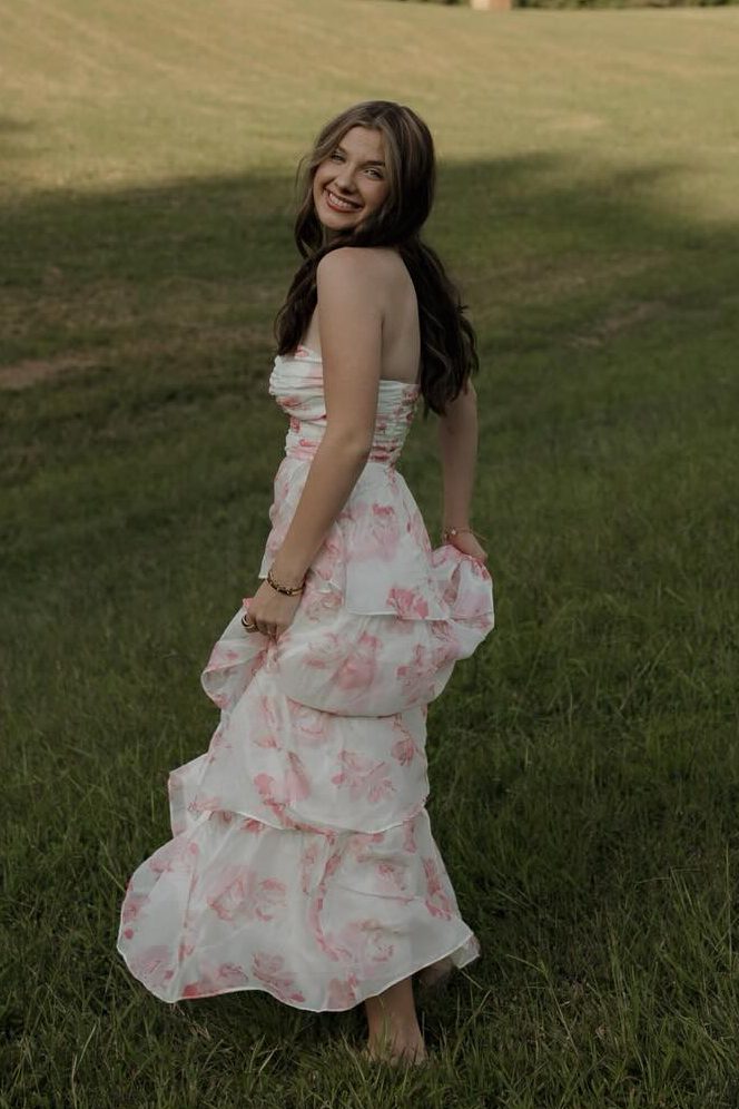 Cute Pink Sweetheart A-Line  Print Layered Sleeveless Prom Dress