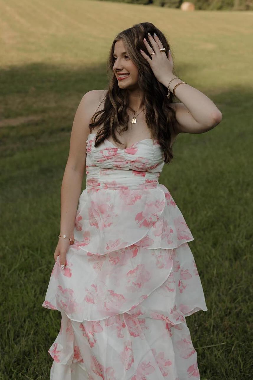 Cute Pink Sweetheart A-Line  Print Layered Sleeveless Prom Dress