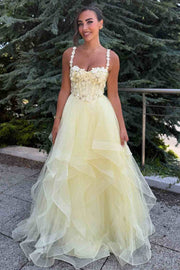 Yellow A-Line Straps Empire-Waist Sweetheart Ruffles  Long Prom Dress