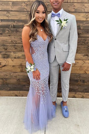 Lilac Straps Beaded V-Neck Mermaid Tulle Long Prom Dress