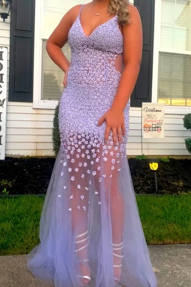 Lilac Straps Beaded V-Neck Mermaid Tulle Long Prom Dress