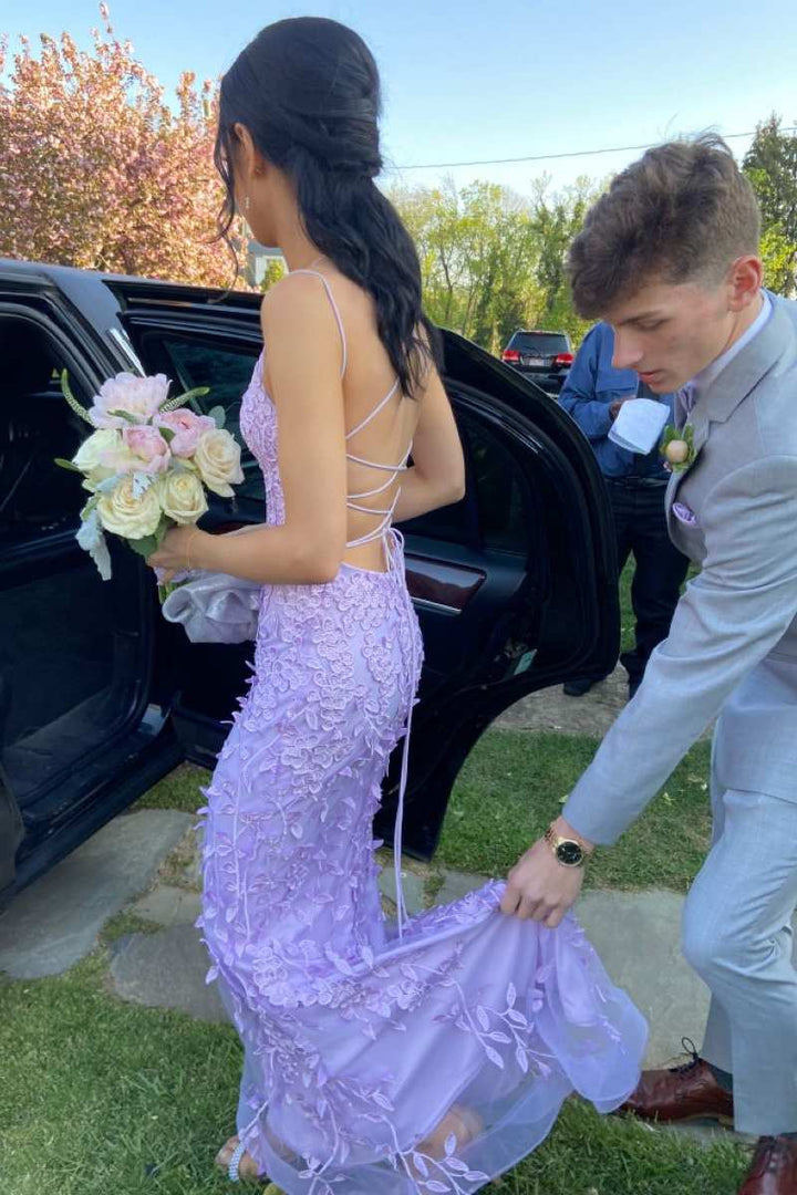 Elegant Spaghetti Straps Lace Appliques Mermaid Long Prom Dress
