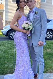 Elegant Spaghetti Straps Lace Appliques Mermaid Long Prom Dress