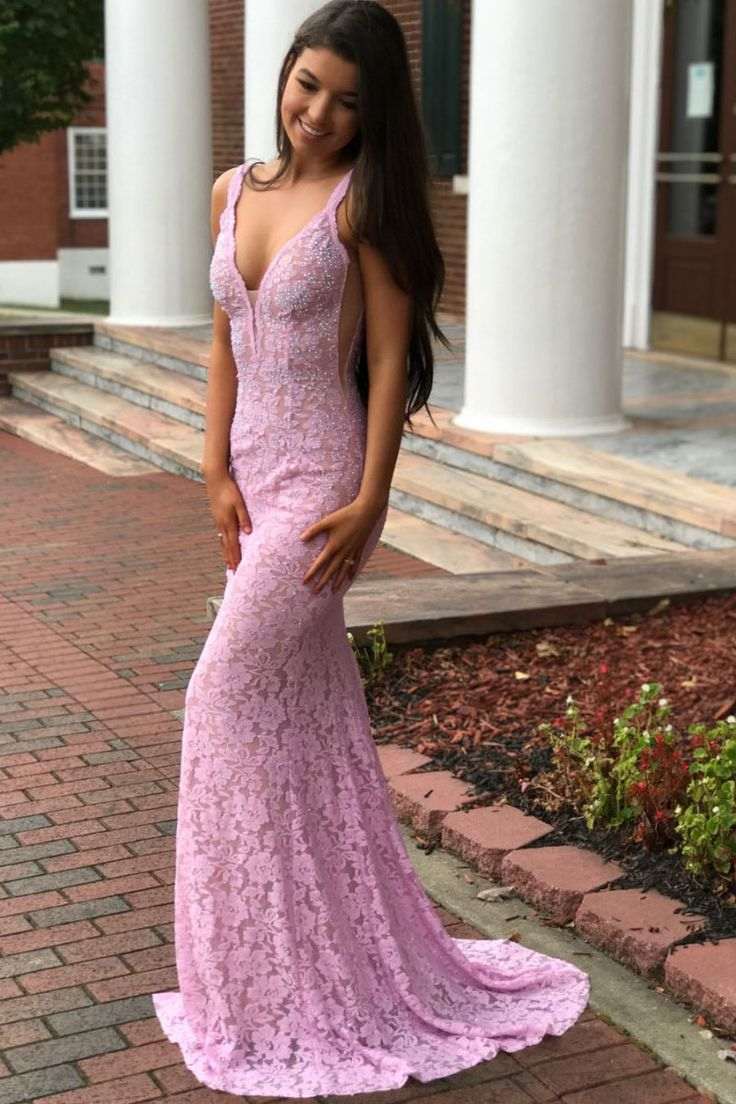 Pink V-Neck Double Straps Lace Appliques Sleeveless Long Prom Dress