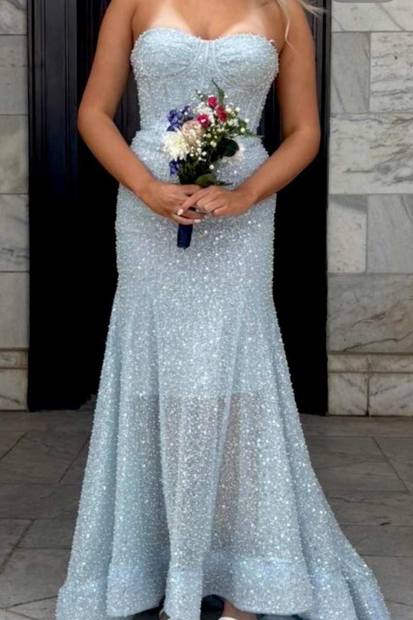 Blue Strapless Glitter Sweetheart Sleeveless Mermaid Prom Party Dress
