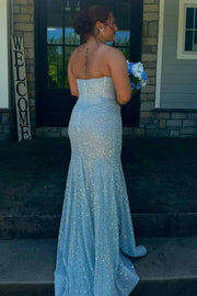 Blue Strapless Glitter Sweetheart Sleeveless Mermaid Prom Party Dress