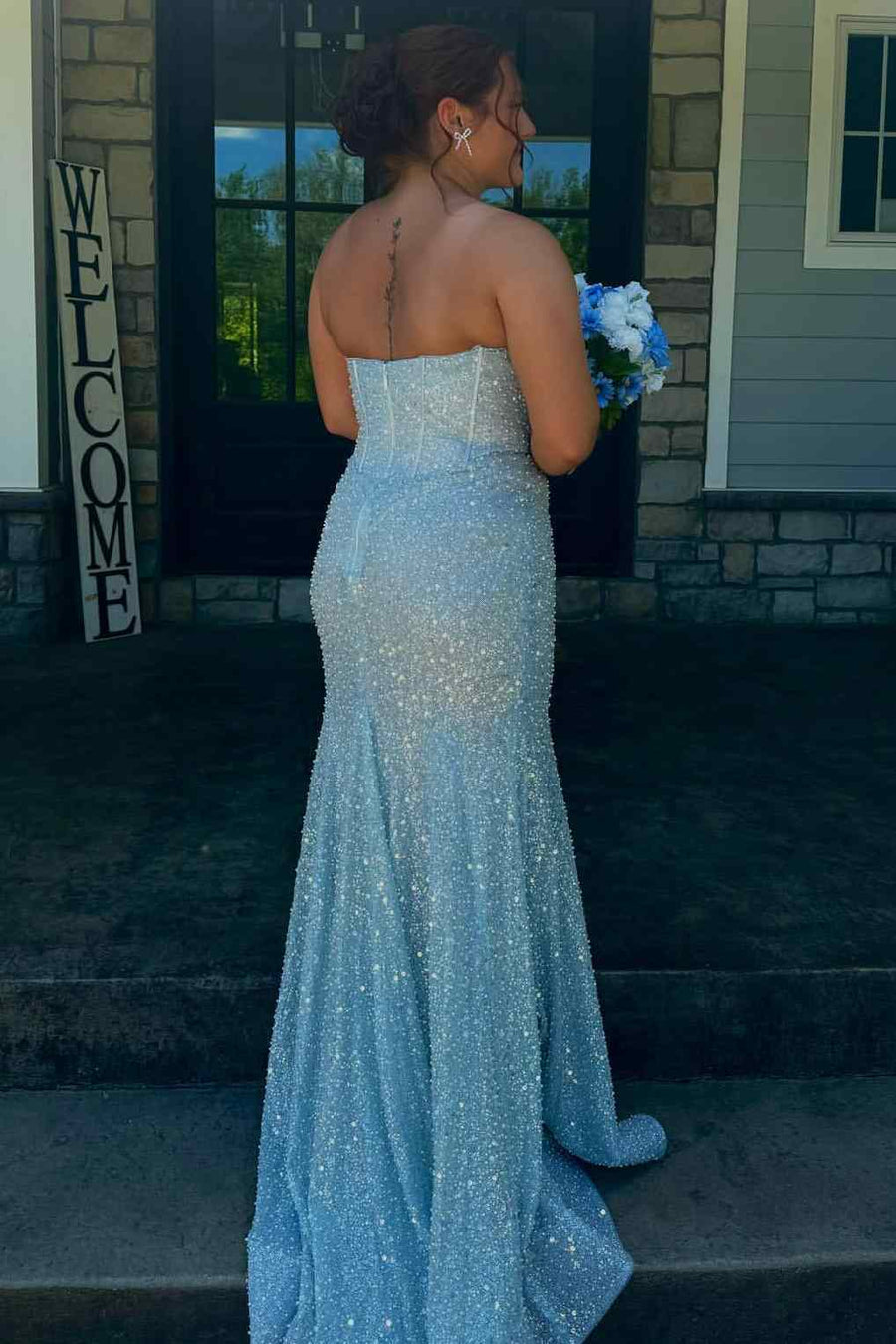 Blue Strapless Glitter Sweetheart Sleeveless Mermaid Prom Party Dress