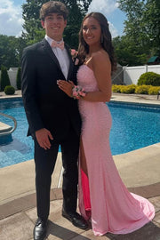 Pink Strapless Beaded Scoop Side Slit Mermaid Long Prom Dress