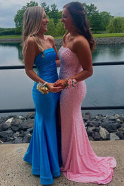 Pink Strapless Beaded Scoop Side Slit Mermaid Long Prom Dress