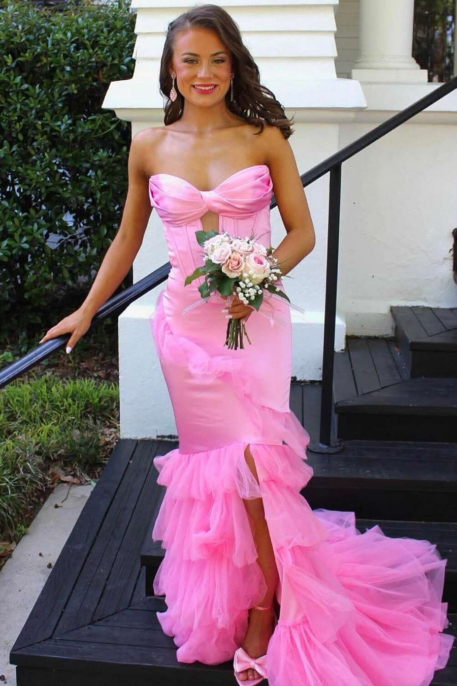 Pink Strapless Ruffles Tulle Keyhole Sleeveless Mermaid Prom Dress