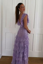 Lilac Straps V-Neck Lace Multi-Layered Sleeveless Prom Dress