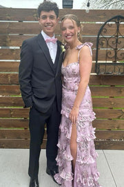 Elegant Double Straps Print Sleeveless Ruffles Prom Dress with Slit