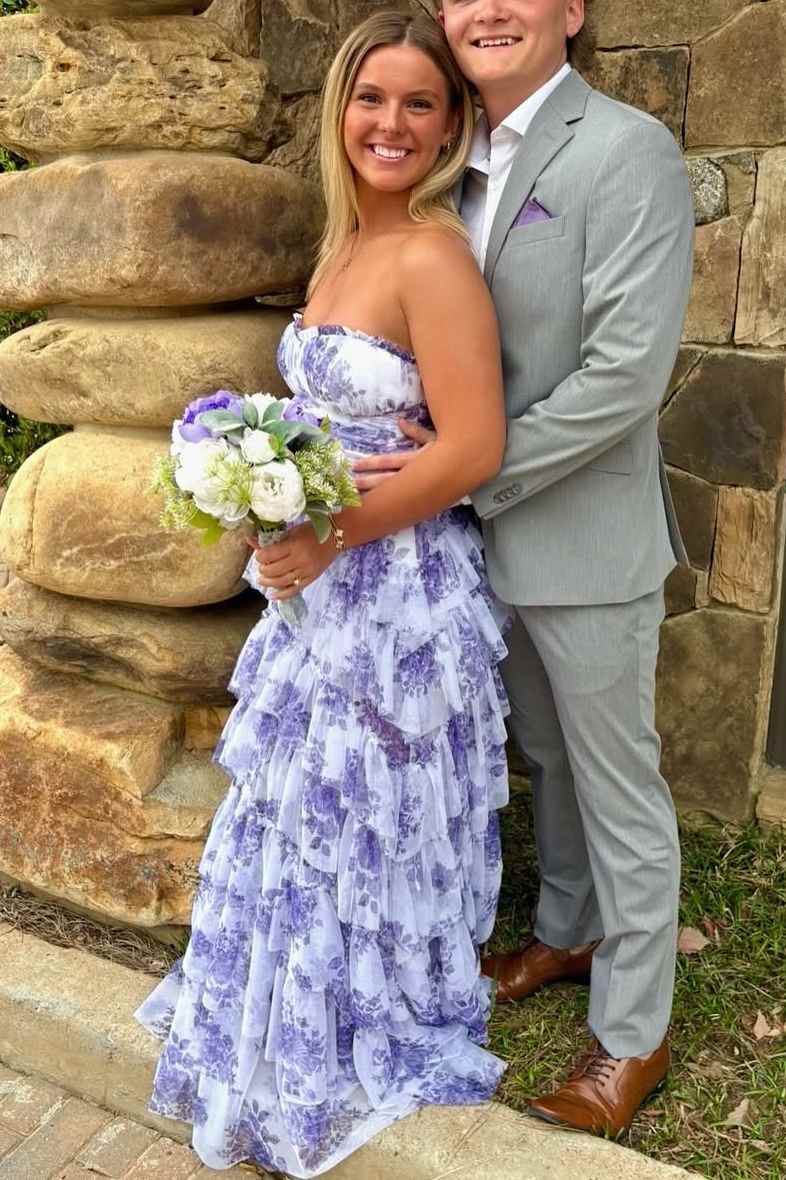 A-Line Strapless Empire-Waist Layered Print Sleeveless Prom Dress