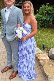 A-Line Strapless Empire-Waist Layered Print Sleeveless Prom Dress