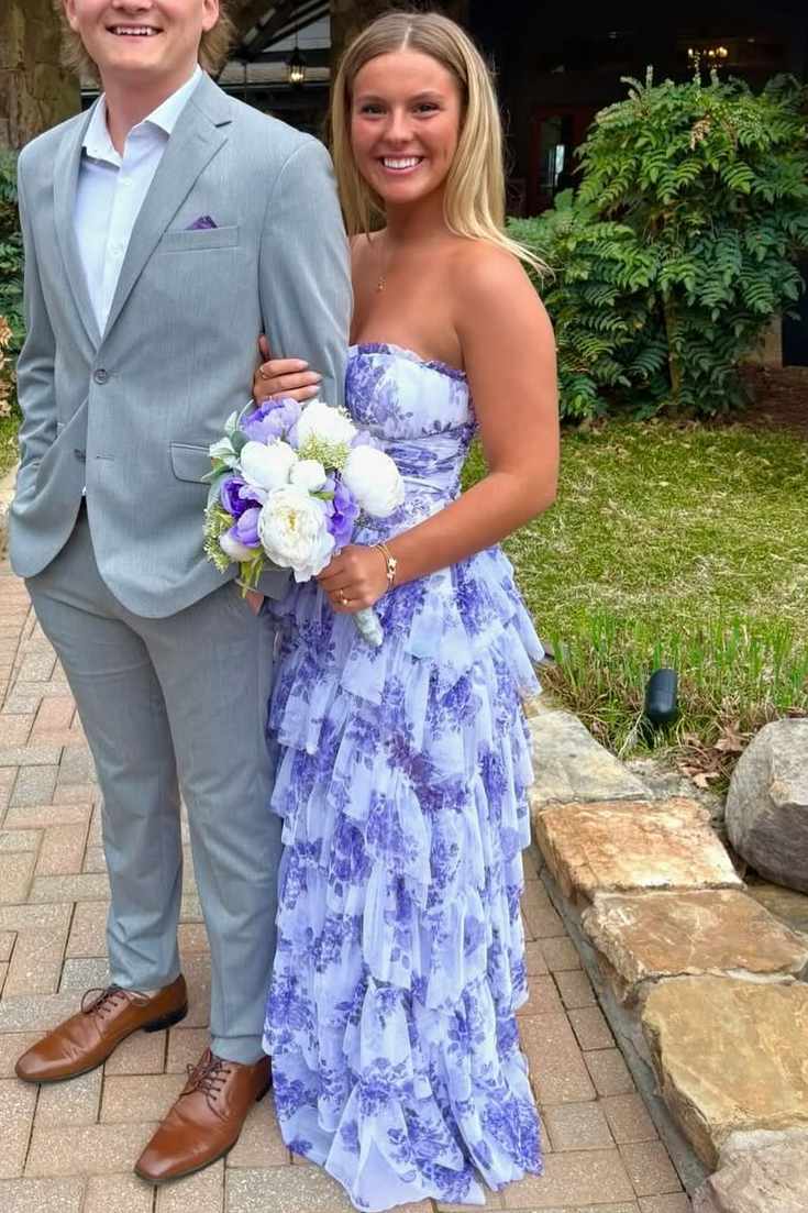 A-Line Strapless Empire-Waist Layered Print Sleeveless Prom Dress