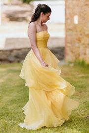 Yellow A-Line Strapless Ruffles Empire-Waist Sleeveless Prom Dress