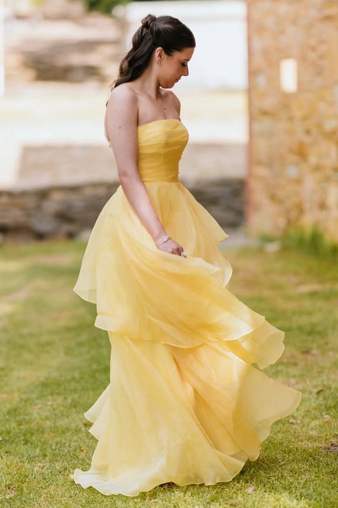 Yellow A-Line Strapless Ruffles Empire-Waist Sleeveless Prom Dress
