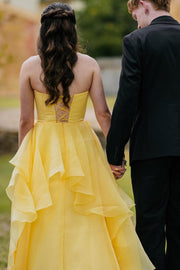 Yellow A-Line Strapless Ruffles Empire-Waist Sleeveless Prom Dress