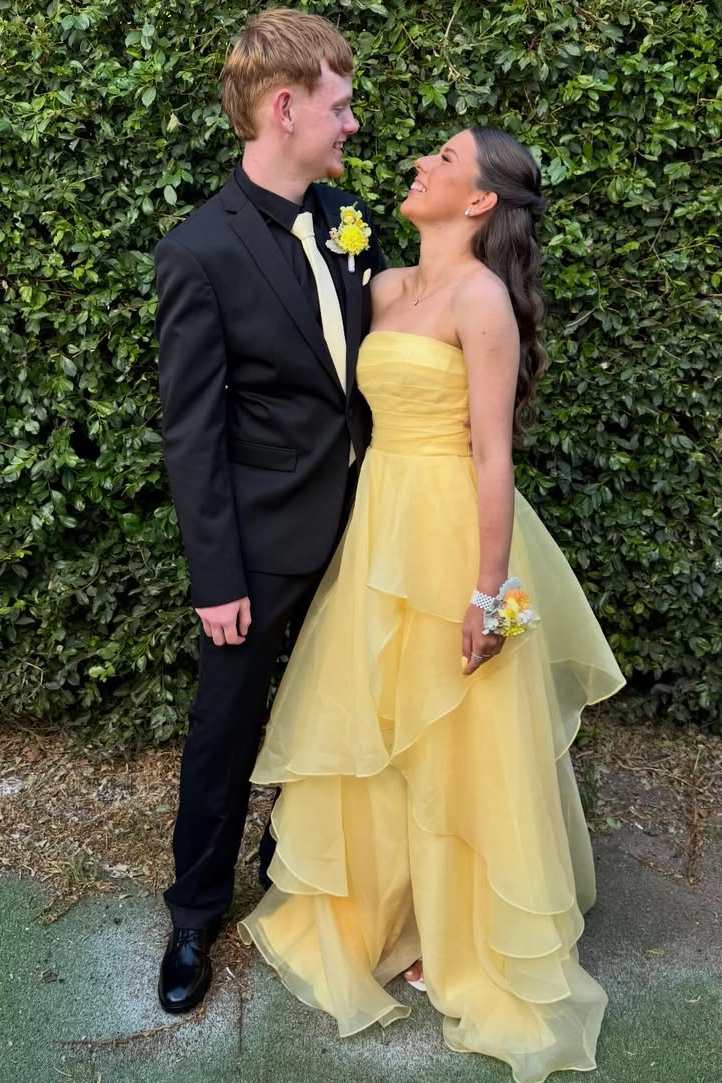 Yellow A-Line Strapless Ruffles Empire-Waist Sleeveless Prom Dress