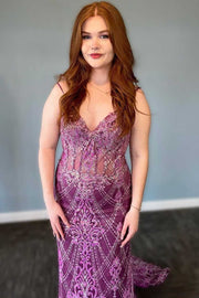 Stunning Purple Spaghetti Straps Appliques Mermaid Long Prom Dress