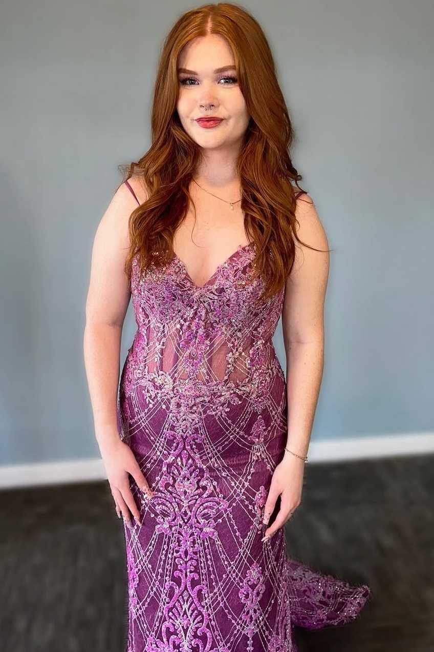Stunning Purple Spaghetti Straps Appliques Mermaid Long Prom Dress