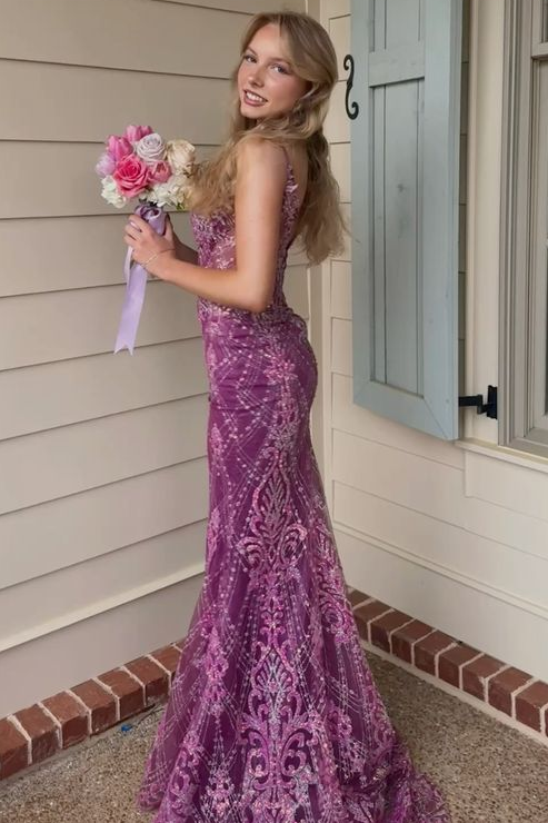 Stunning Purple Spaghetti Straps Appliques Mermaid Long Prom Dress