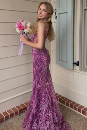 Stunning Purple Spaghetti Straps Appliques Mermaid Long Prom Dress