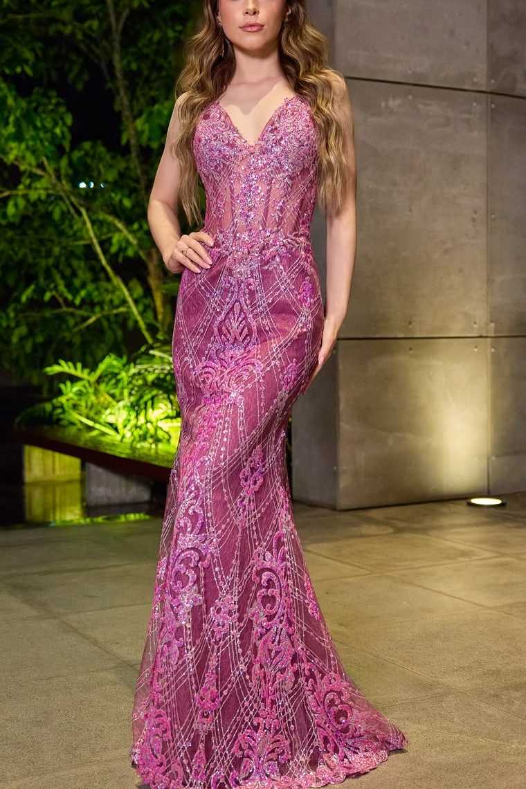 Stunning Purple Spaghetti Straps Appliques Mermaid Long Prom Dress