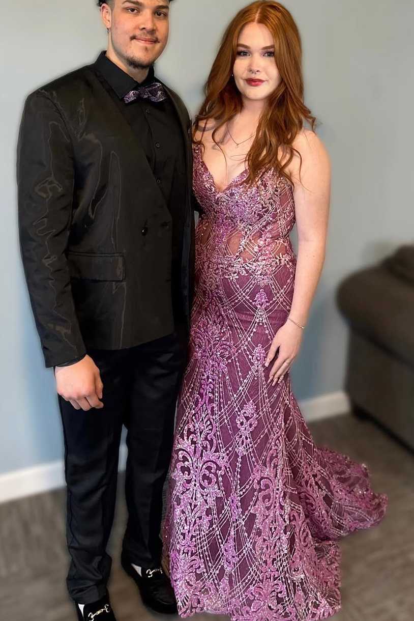 Stunning Purple Spaghetti Straps Appliques Mermaid Long Prom Dress