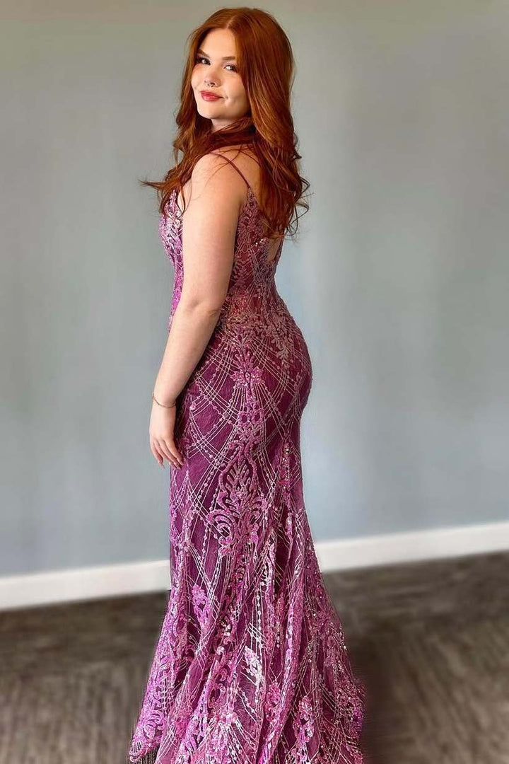 Stunning Purple Spaghetti Straps Appliques Mermaid Long Prom Dress