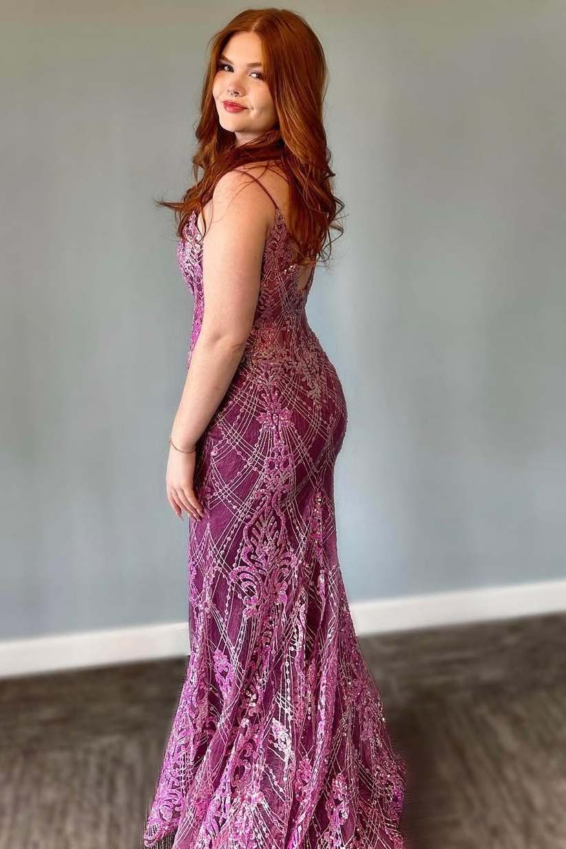 Stunning Purple Spaghetti Straps Appliques Mermaid Long Prom Dress