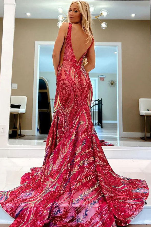 Charming Mermaid Sleeveless V-Neck Sequins Appliques Prom Dress