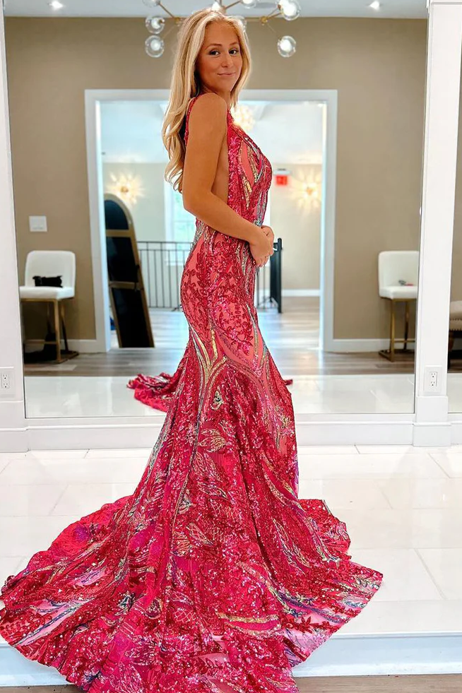 Charming Mermaid Sleeveless V-Neck Sequins Appliques Prom Dress