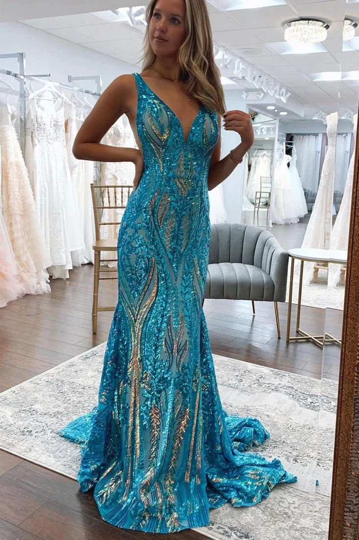 Charming Mermaid Sleeveless V-Neck Sequins Appliques Prom Dress