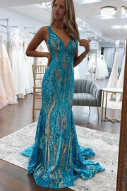 Charming Mermaid Sleeveless V-Neck Sequins Appliques Prom Dress