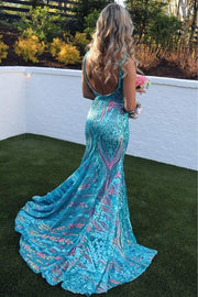 Blue Straps V-Neck Sequins Sleeveless Mermaid Long Prom Dress