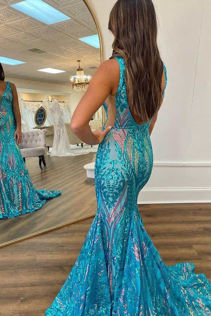 Blue Straps V-Neck Sequins Sleeveless Mermaid Long Prom Dress
