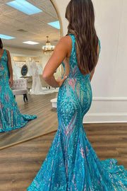 Blue Straps V-Neck Sequins Sleeveless Mermaid Long Prom Dress