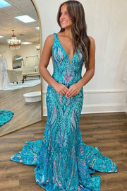 Blue Straps V-Neck Sequins Sleeveless Mermaid Long Prom Dress