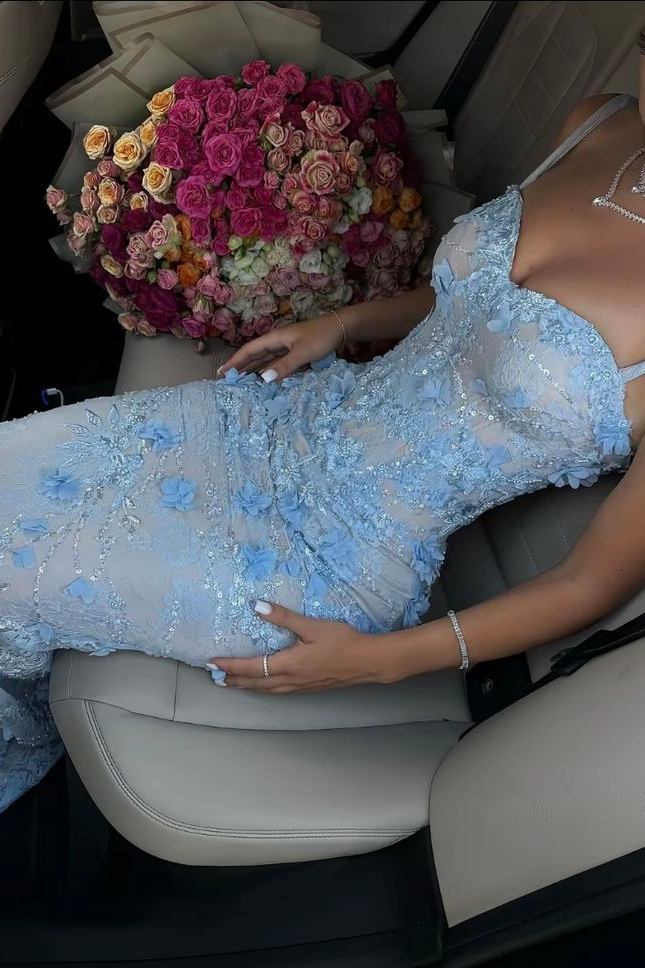 Blue Spaghetti Straps Lace Appliques Sleeveless Mermaid Long Prom Dress