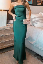 Simple Strapless Pleats Satin Sleeveless Party Prom Dress