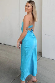 Simple Strapless Pleats Satin Sleeveless Party Prom Dress