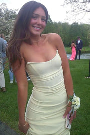 Yellow Strapless Lace-Up Scoop Neck Satin Pleats Long Prom Dress